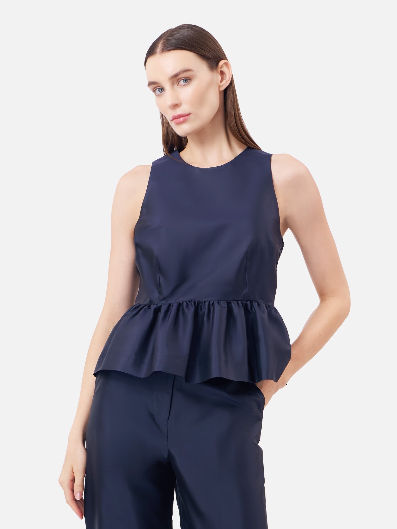 Solid Silk Sleeveless Peplum Top | Jim Thompson