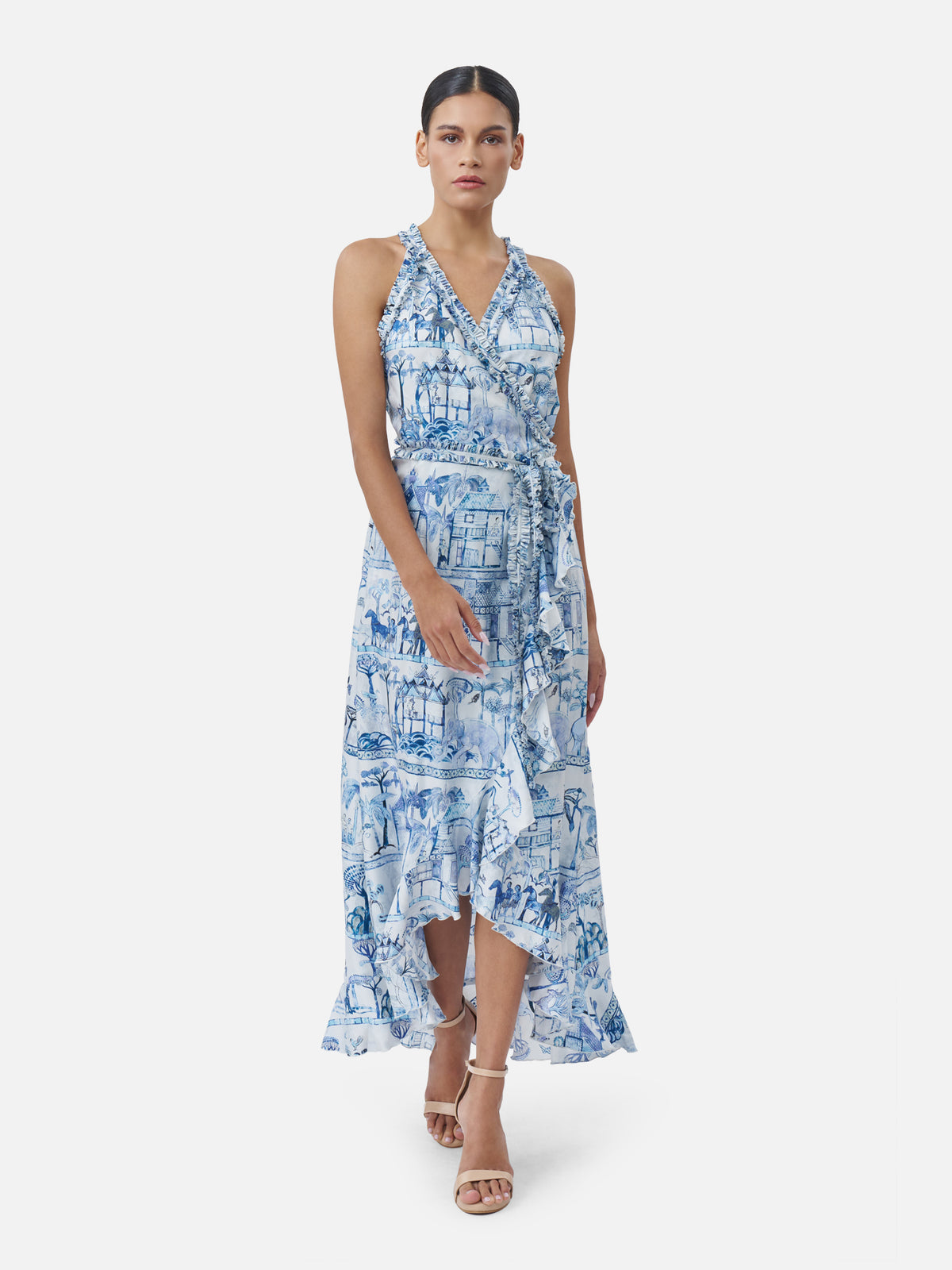 Woodland Voyage Ruffle Trim Wrap Midi Dress
