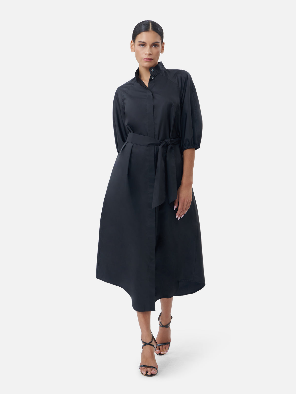 Belted Shirt Dress with Mandarin Collar