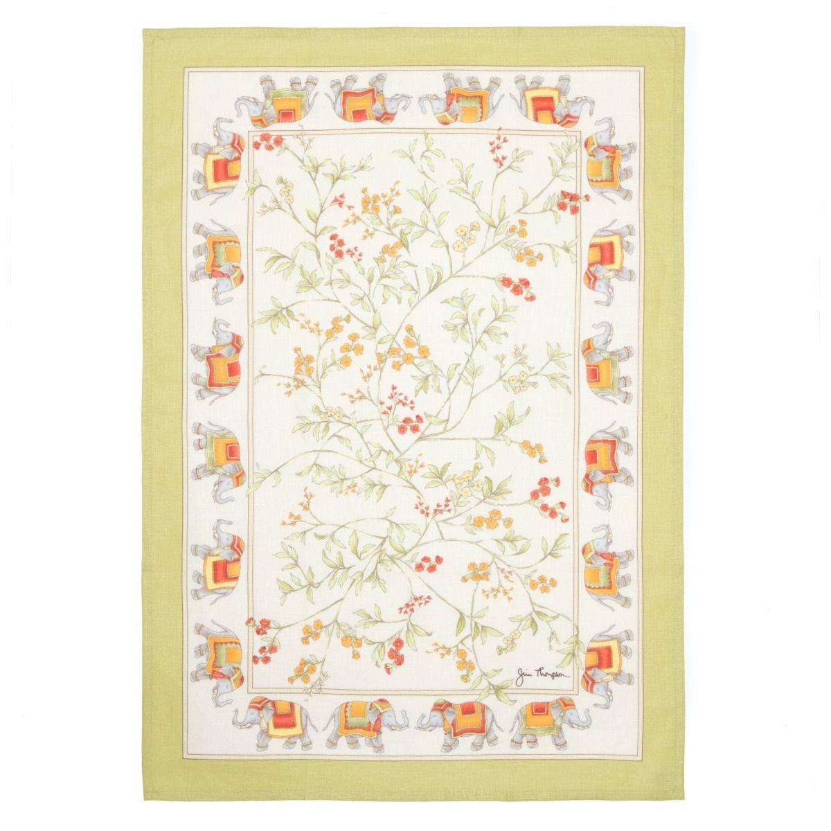 Floral Linen Tea Towel with Elephant Border - White