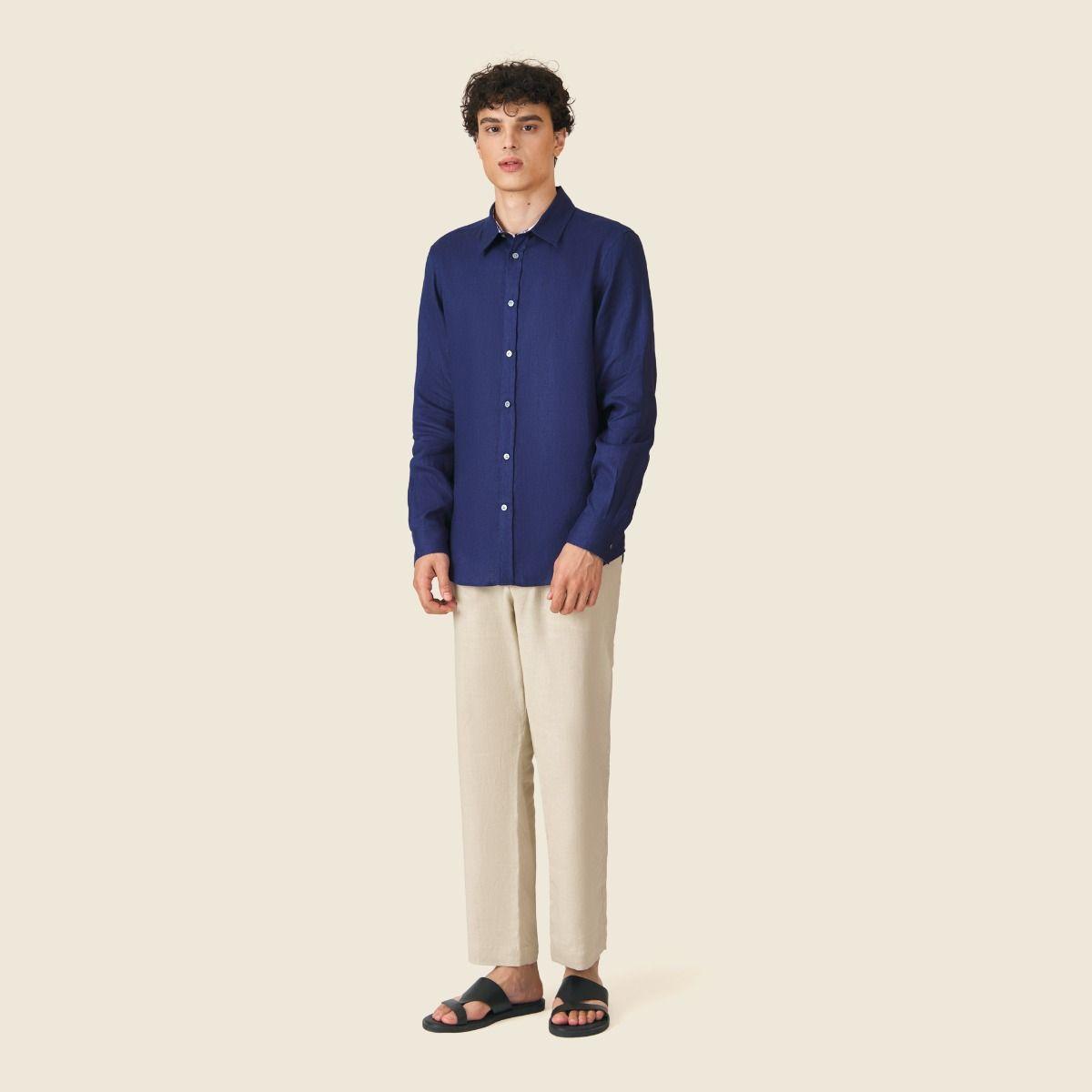 Bamboo Collar Linen Solid Classic Long Sleeve Shirt - Navy Blue