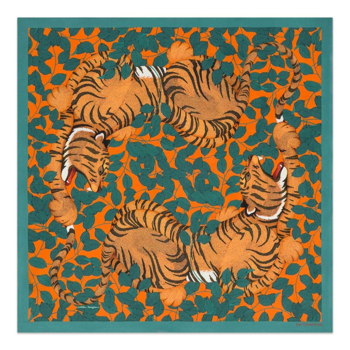 Tiger Silk Twill Scarf - Teal/Orange