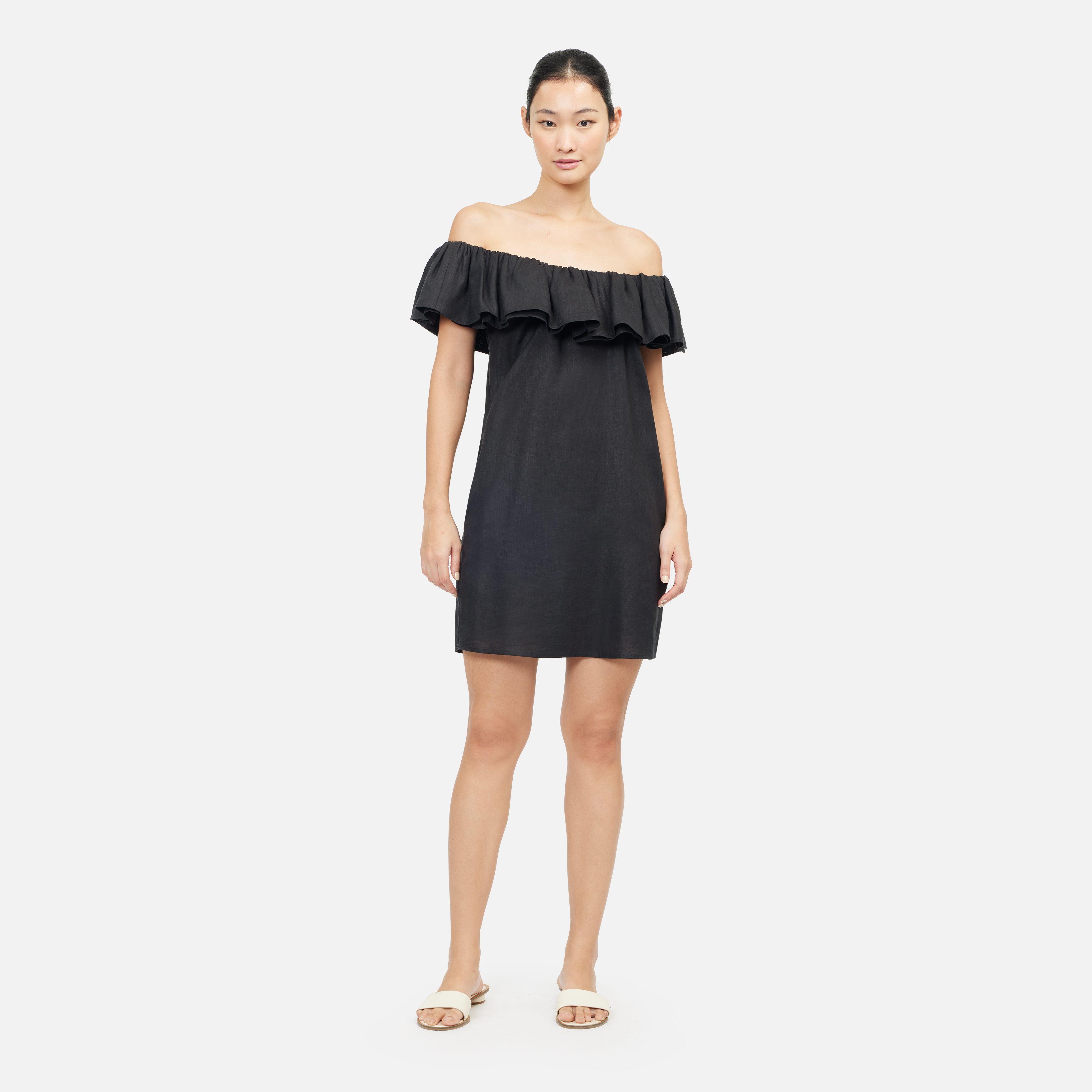 Solid Linen  Puff Shoulder Midi Dress - Black