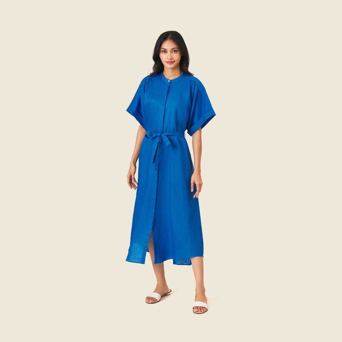 Linen Batwing Sleeve Shirt Dress - Blue