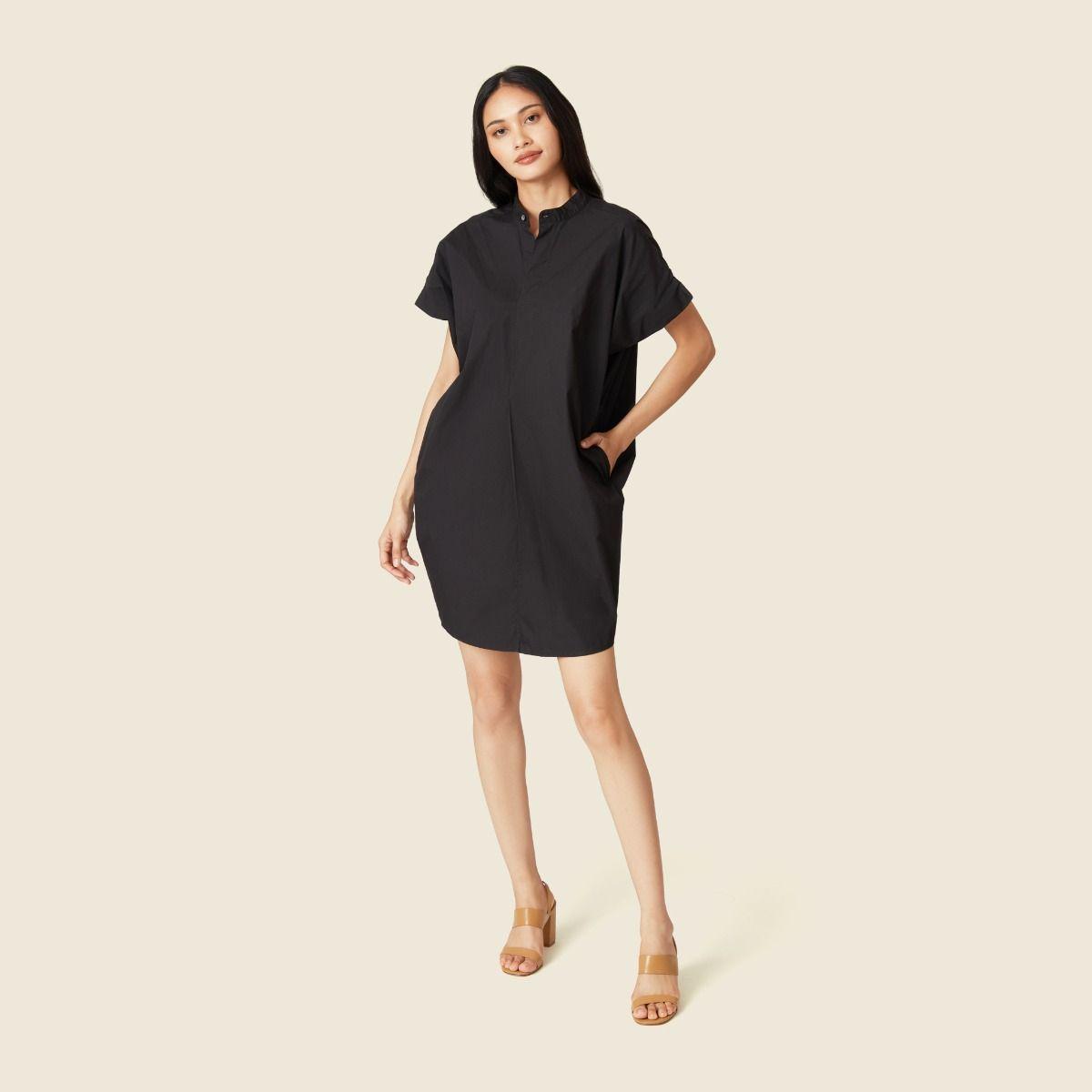Solid Cotton Oversized Midi Dress - Black
