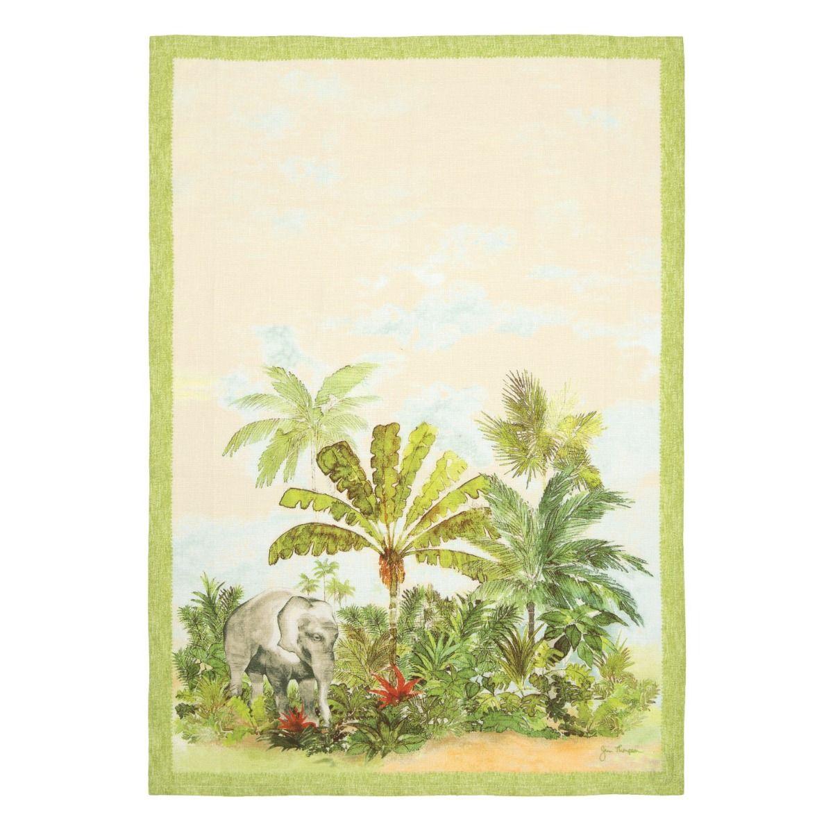 Jungle Elephant Linen Tea Towel - Green