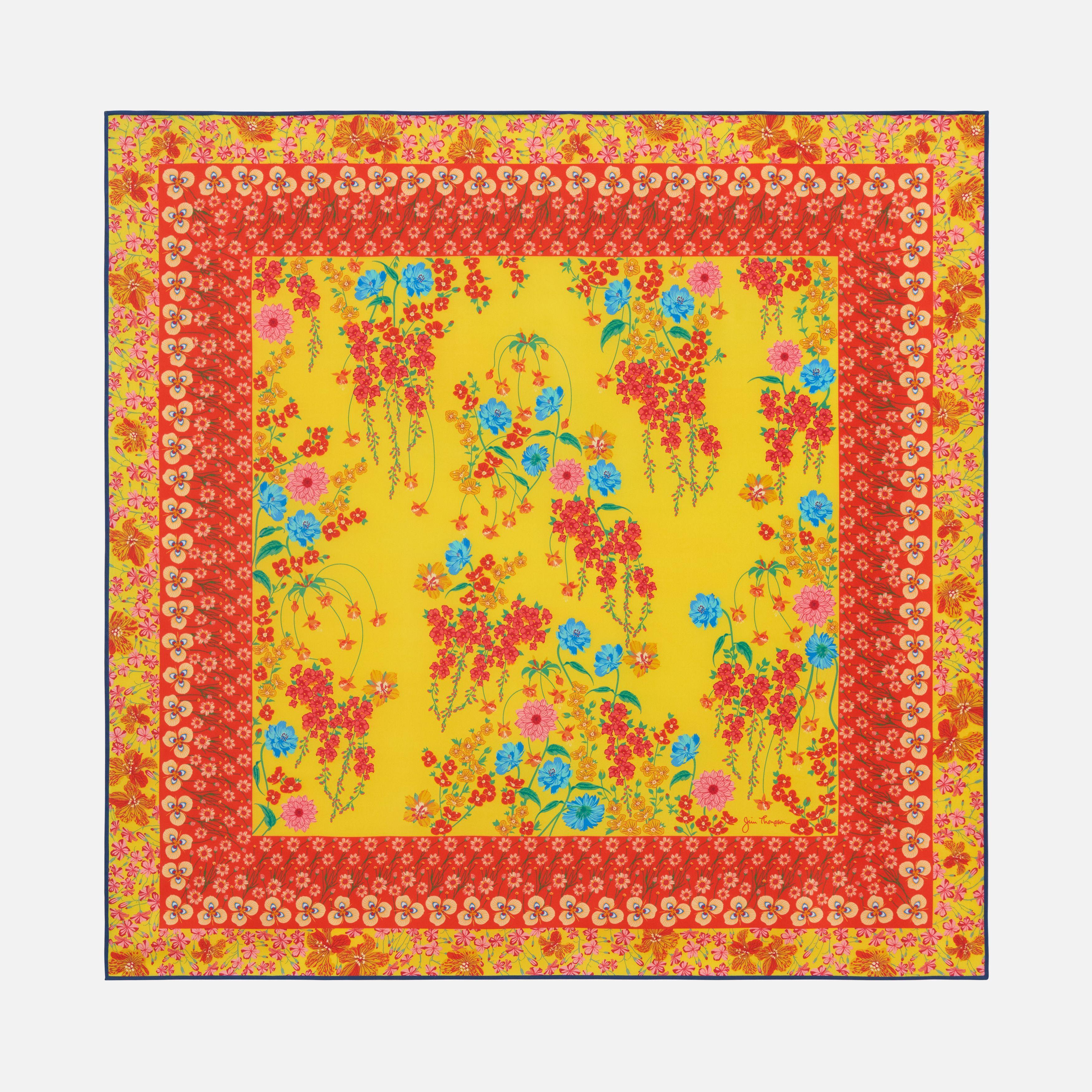 Scent Of Flowers Silk Twill Printed Scarf  - Yellow