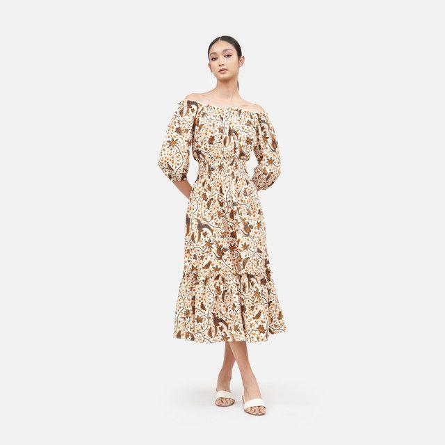 Cirebon Cotton Poplin Smock Waist Off Shoulder Dress - Beige