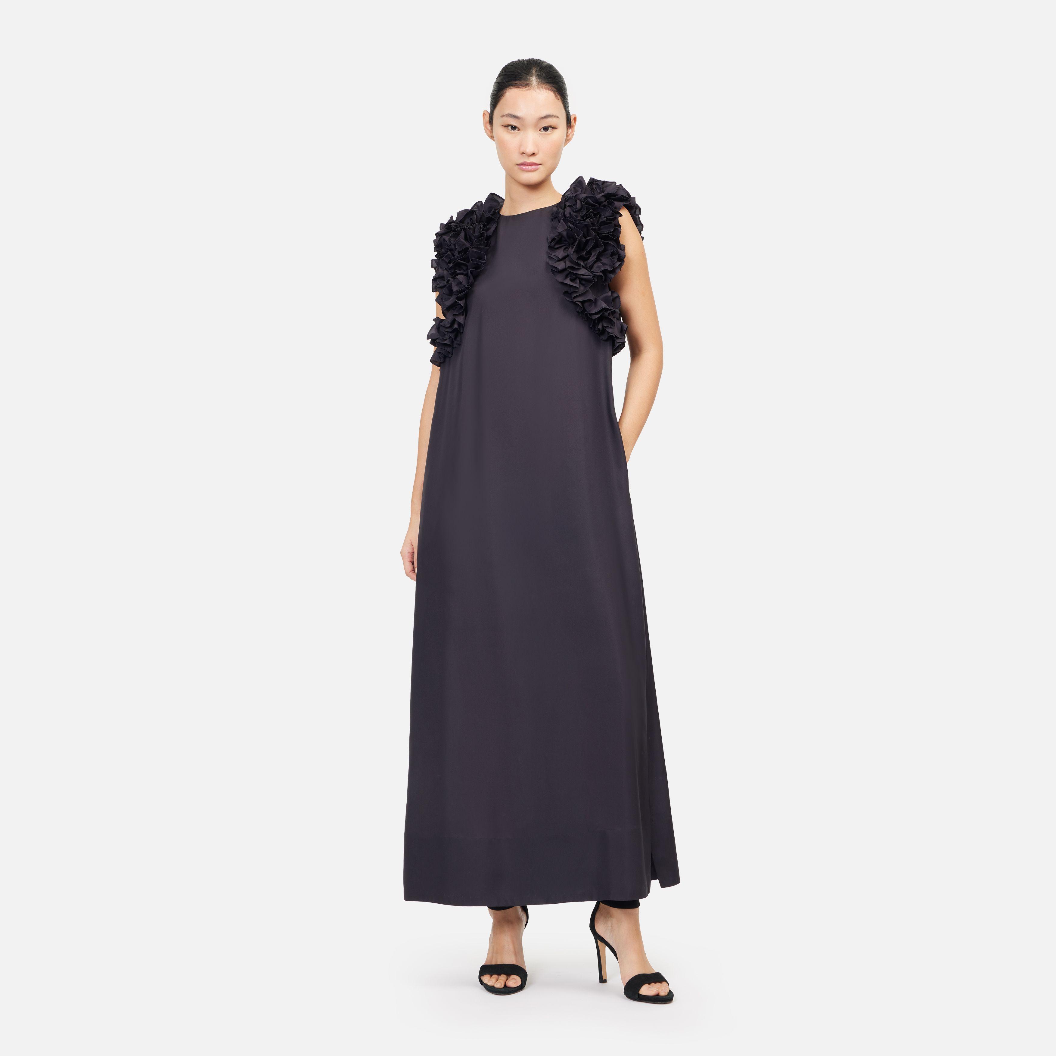 Solid Silk Habotai Ruffle Sleeveless Maxi Dress - Black
