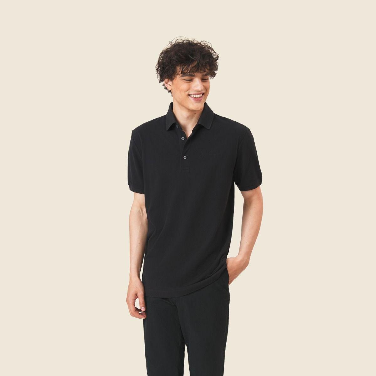 Solid Cotton with Logo Polo Shirt - Black