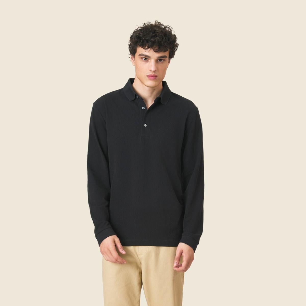Solid Long Sleeve Cotton Collar with Logo Polo Shirt - Black