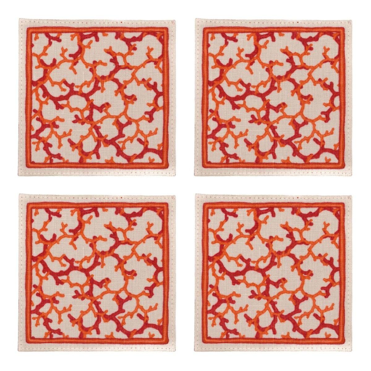 Set of 4 Coral Linen Coasters - Red