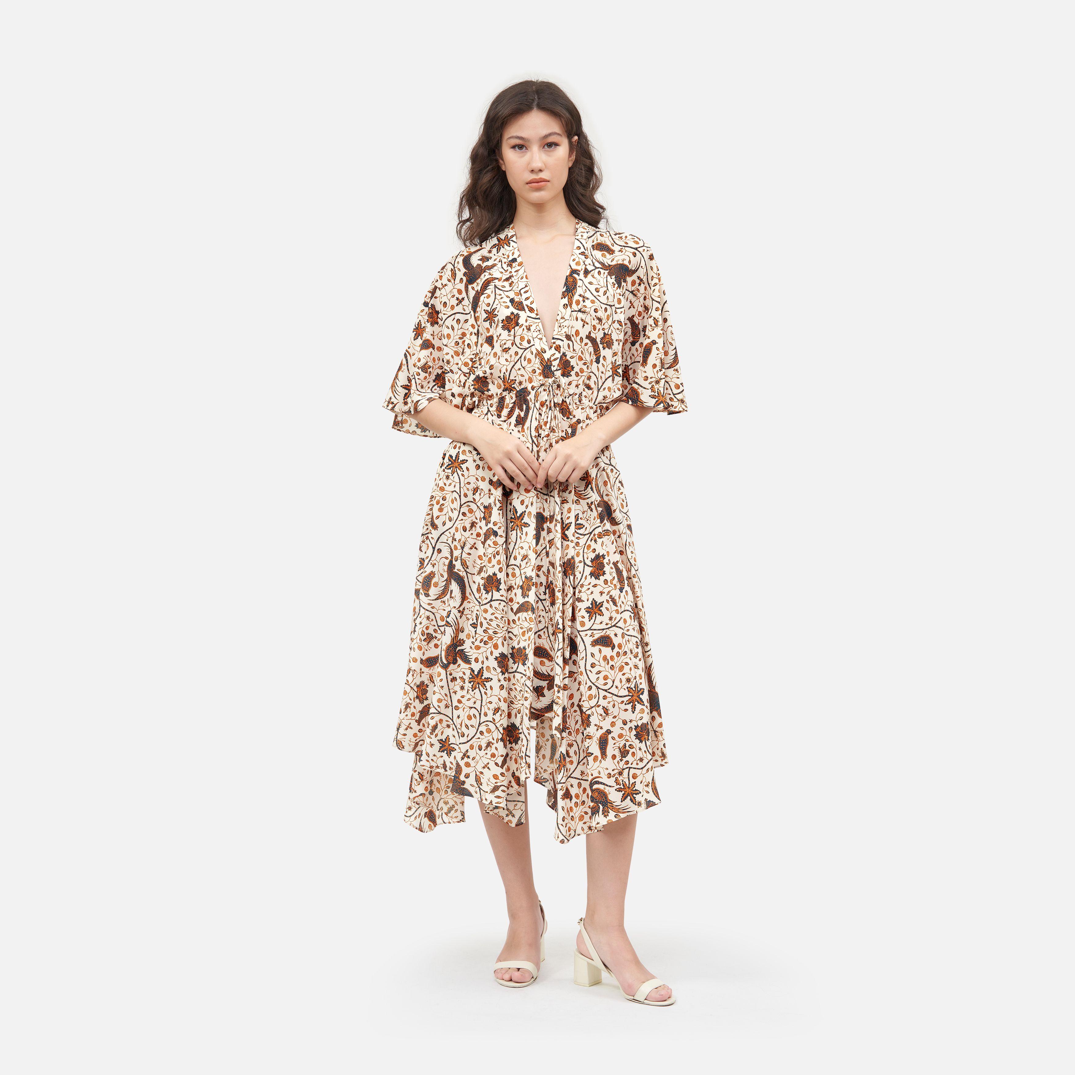 Cirebon Silk Crepe Flutter Sleeve Dress - Beige - F