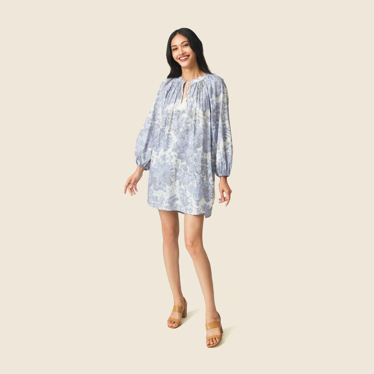 Blooming Cotton Boho Long Sleeve Cover Up Dress - Blue / Grey	