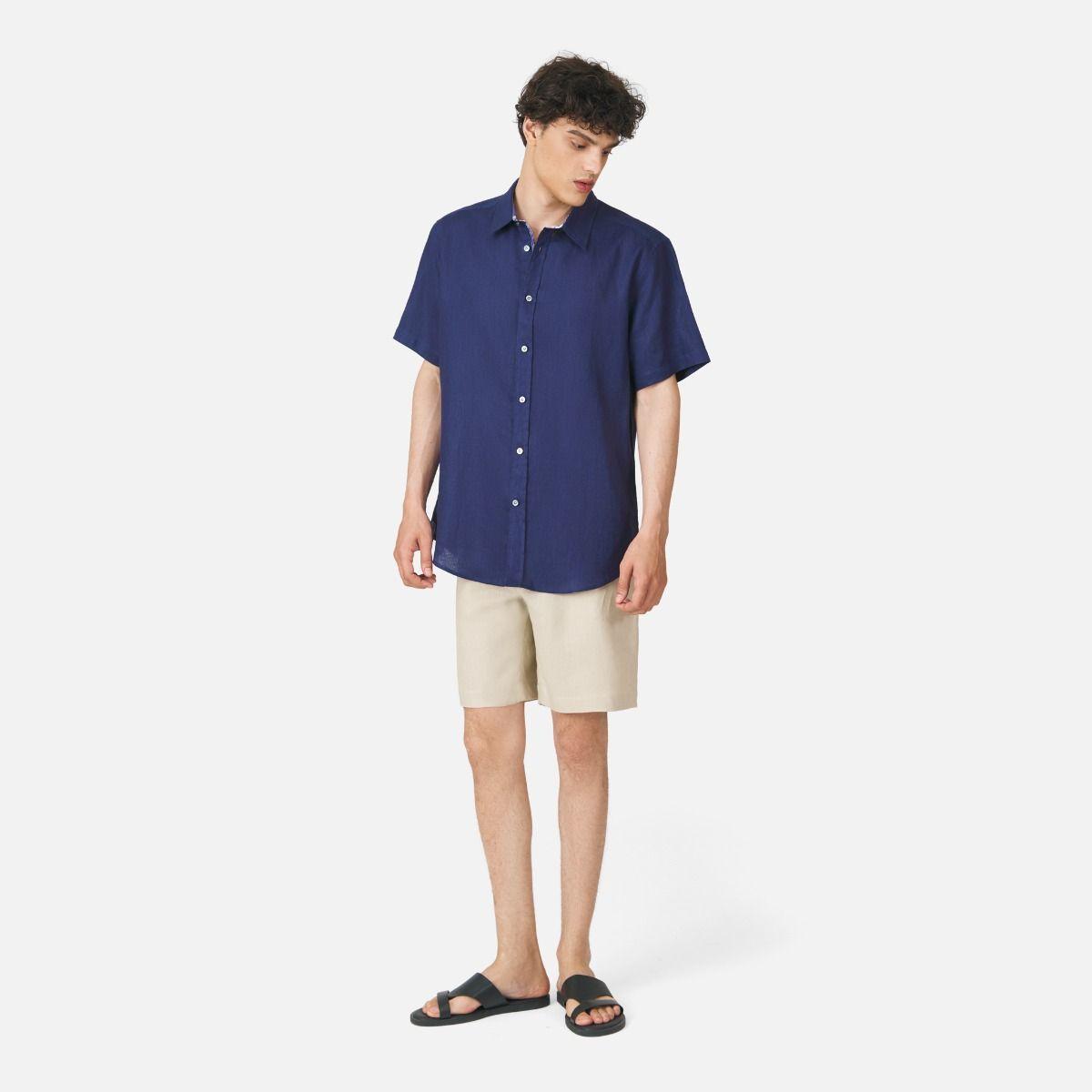 Bamboo Collar Classic Short Sleeve Solid Linen Shirt - Navy Blue