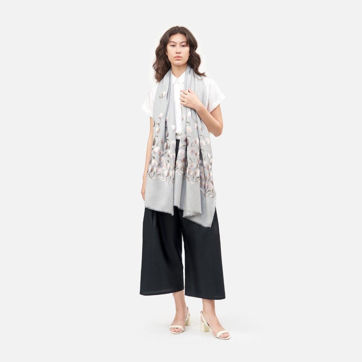 Floral Embroidery Wool Stole - Light Grey