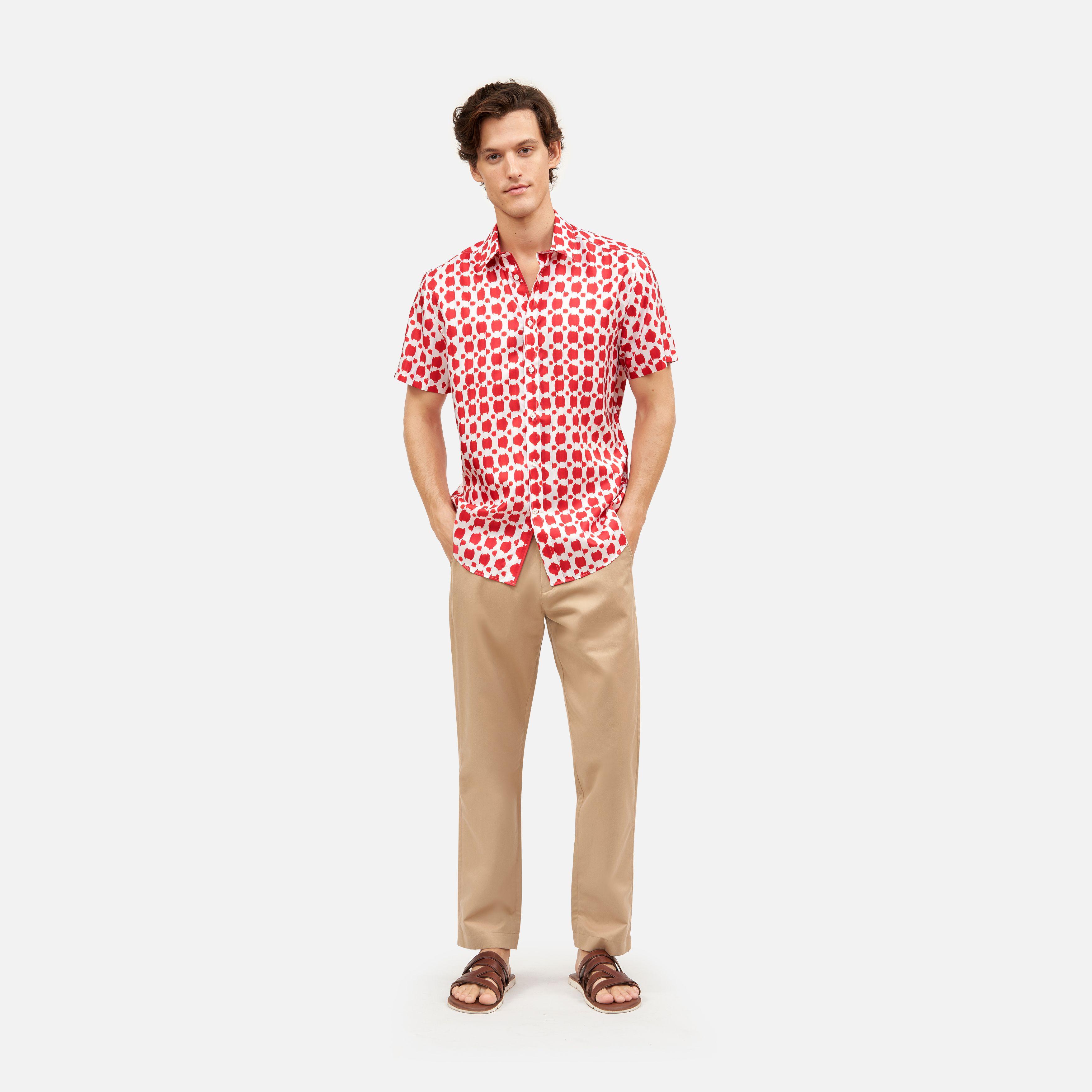 Ikat Polka Dot Silk Classic Short Sleeve Shirt - ikat dot - red