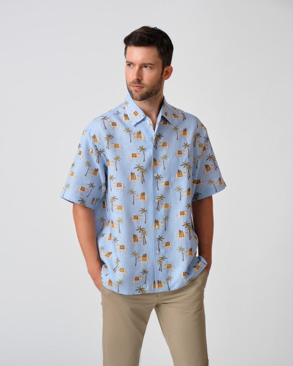 Elephant and Palm Hawaiian Linen Shirt - Light Blue