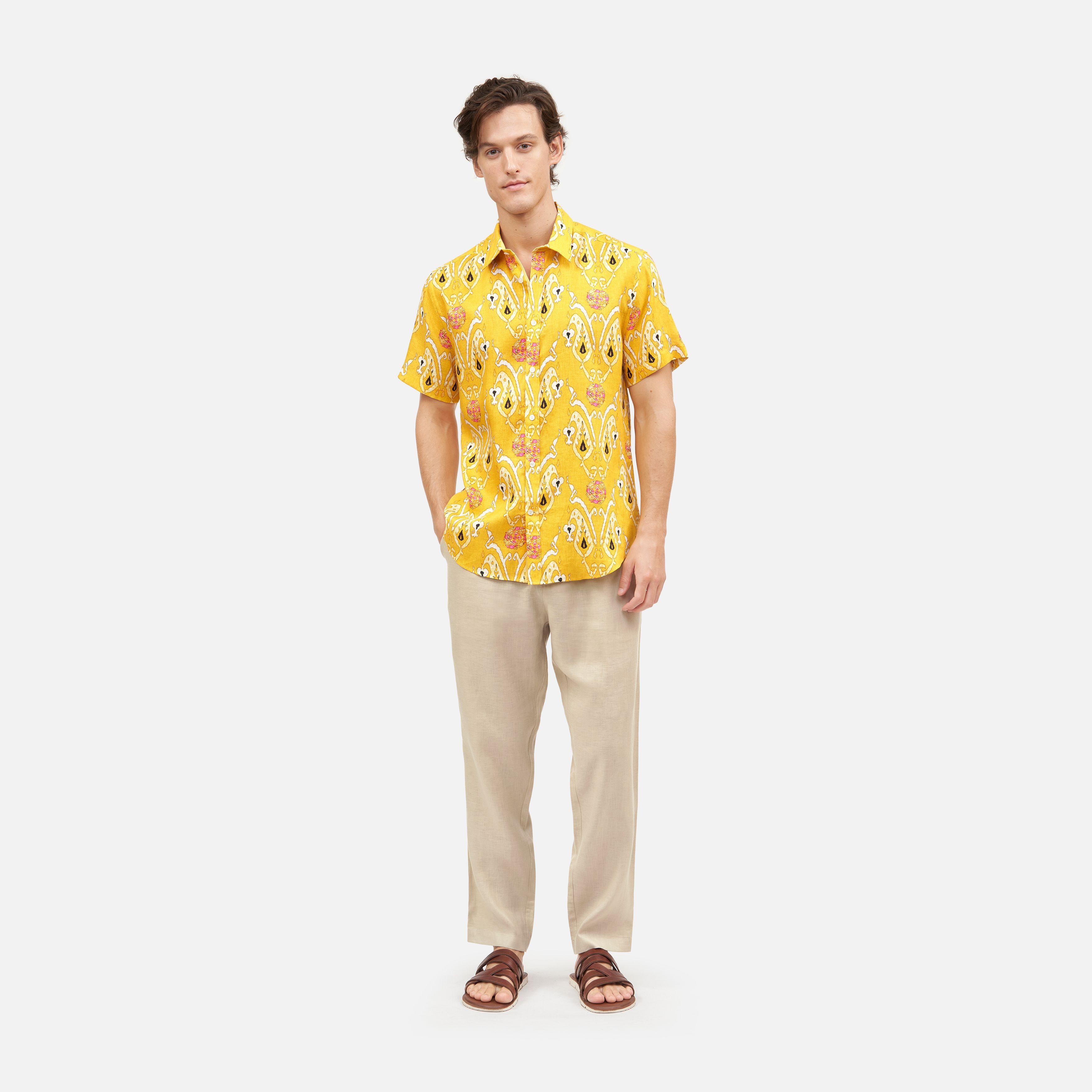 Ikat Paisley Linen Classic Short Sleeve Shirt - Yellow-Ikat Paisley 