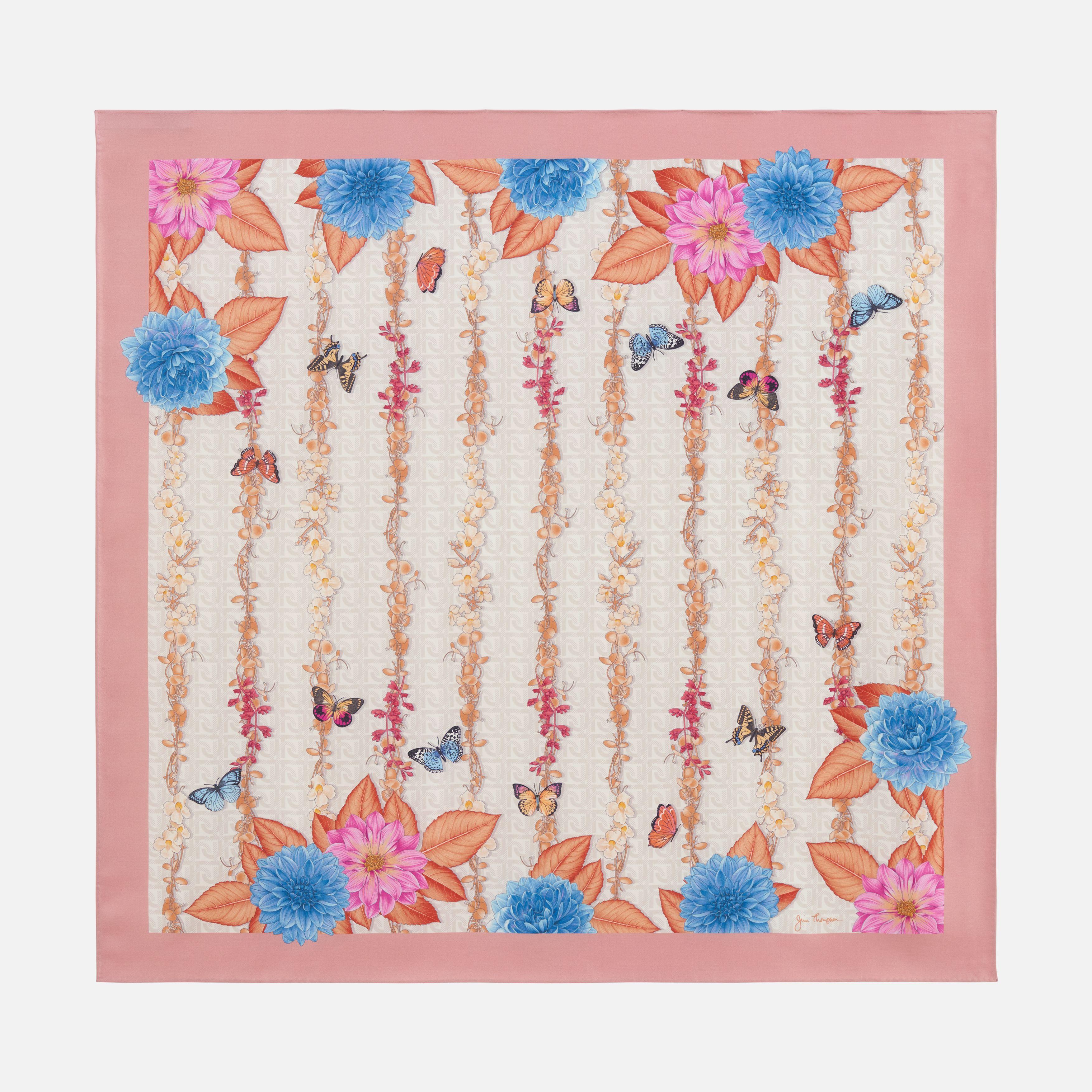 Dahlia Silk Twill Printed Scarf - Blue -  Dahlia - Pink