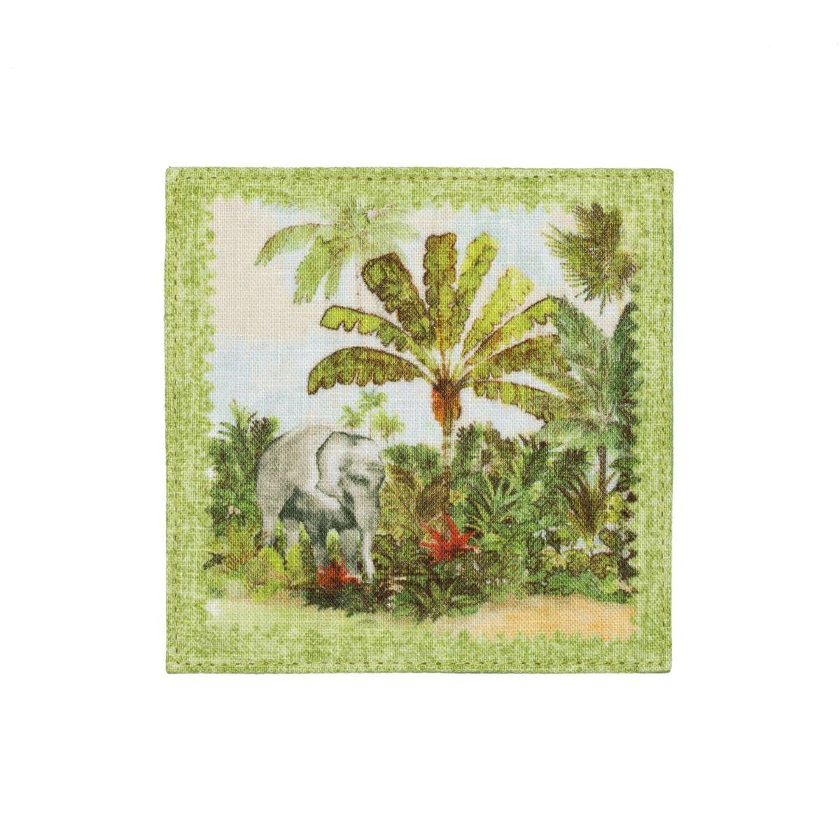 Set of 4 Jungle Elephant Linen Coasters - Green