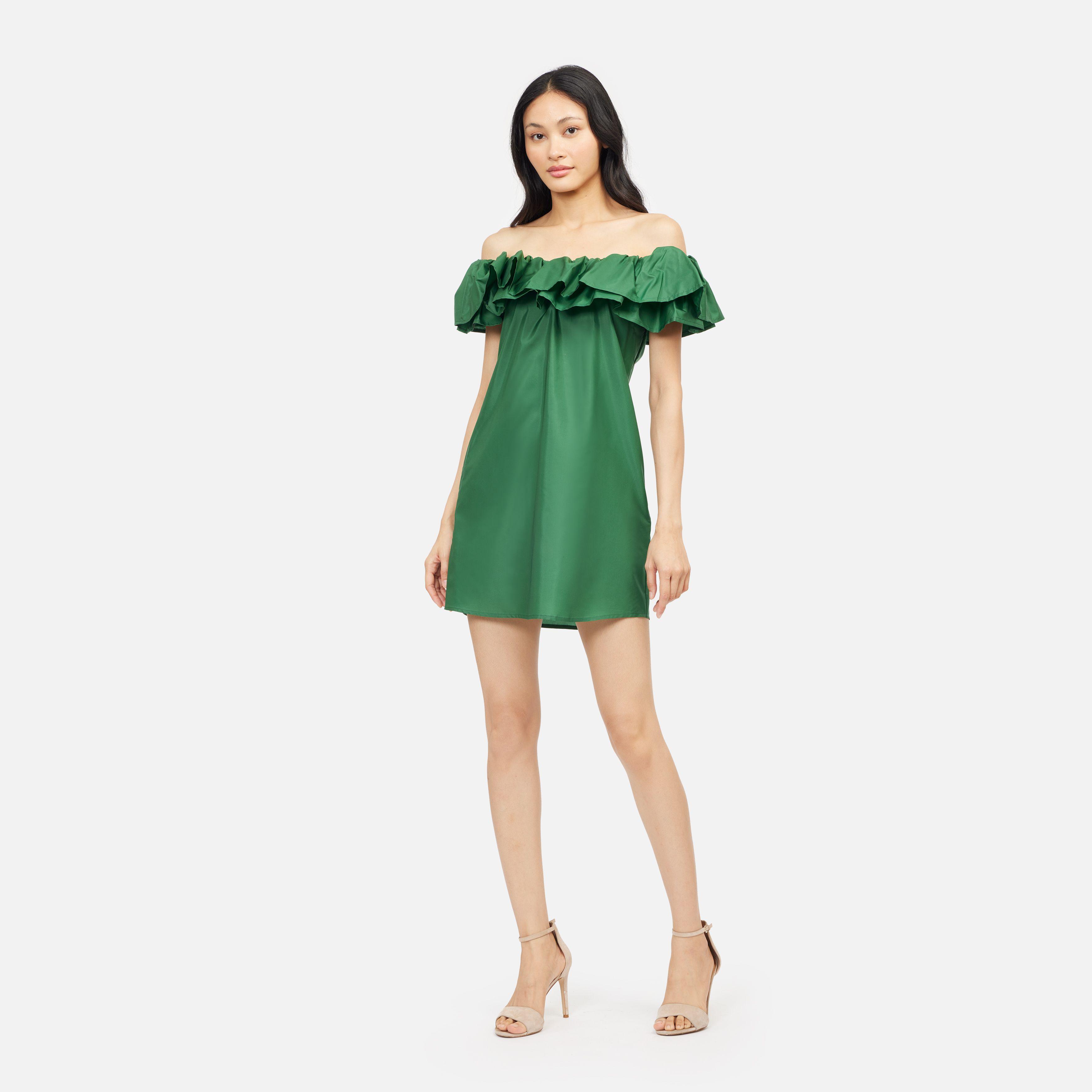 Solid Silk   Puff Shoulder Midi Dress - Green