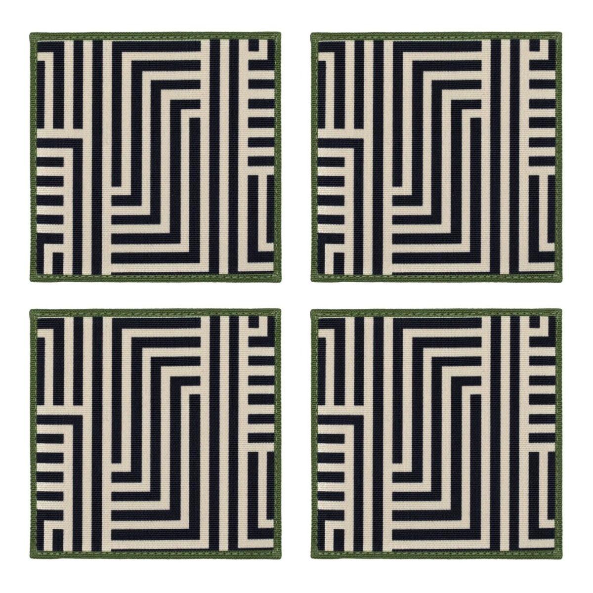 Set of 4 Maze Geometric Cotton Coasters - Black/White