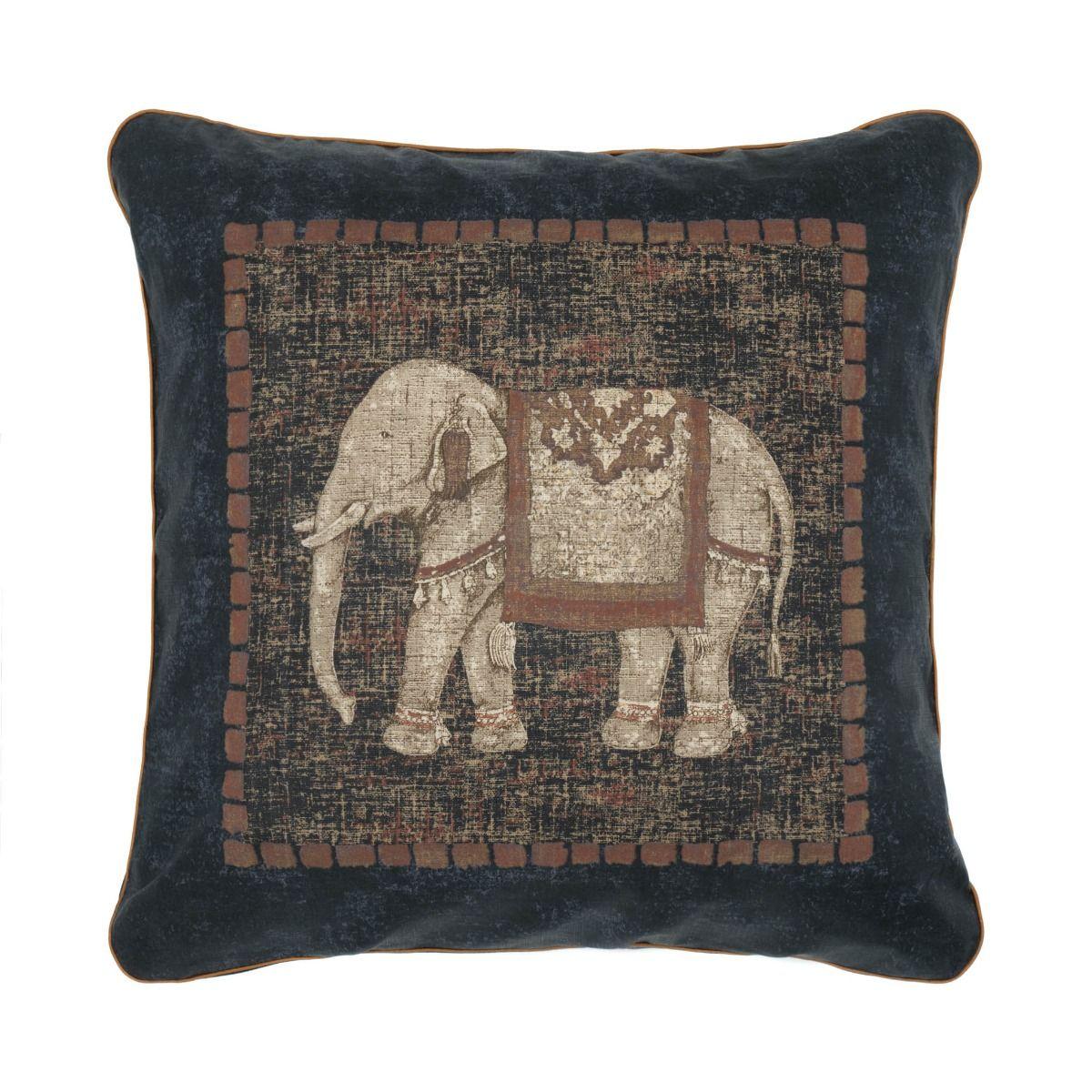 Traditional Elephant Linen Cushion Cover 22" - Black