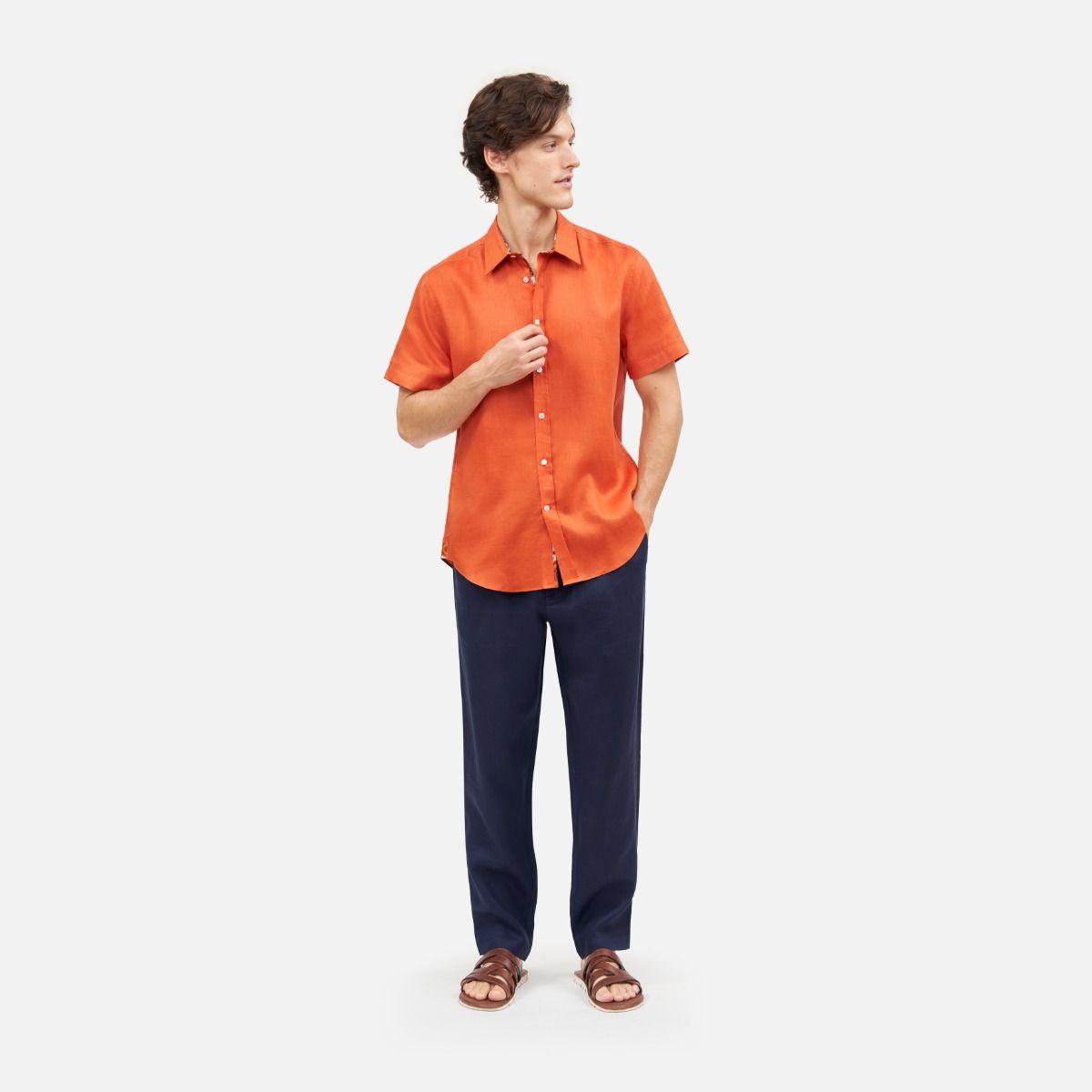 Sarung Lasem Collar Classic Short Sleeve Solid Linen Shirt - Orange