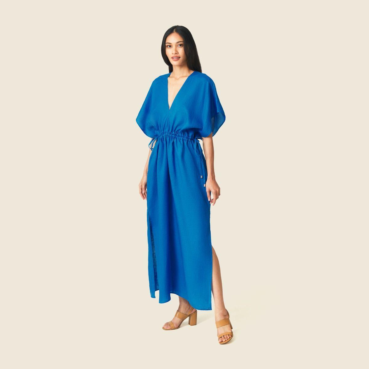 Linen Cinched Waist Kaftan Dress - Blue