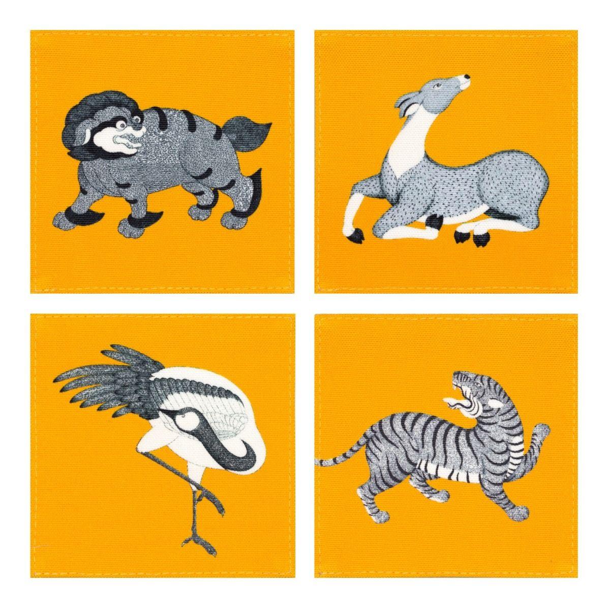 Set of 4 Mythical Animals Cotton Coasters - Yellow