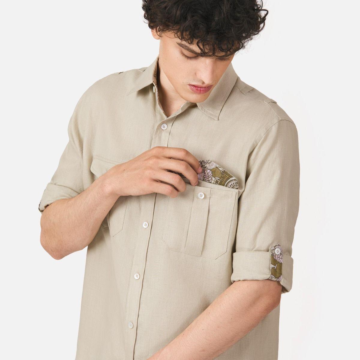 Bamboo Collar Linen Long Sleeve Safari Shirt