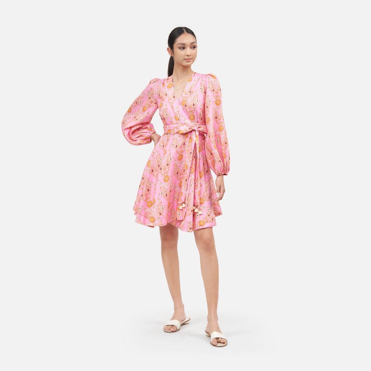 Ikat Paisley Linen Belted Wrap Midi Dress - Pink