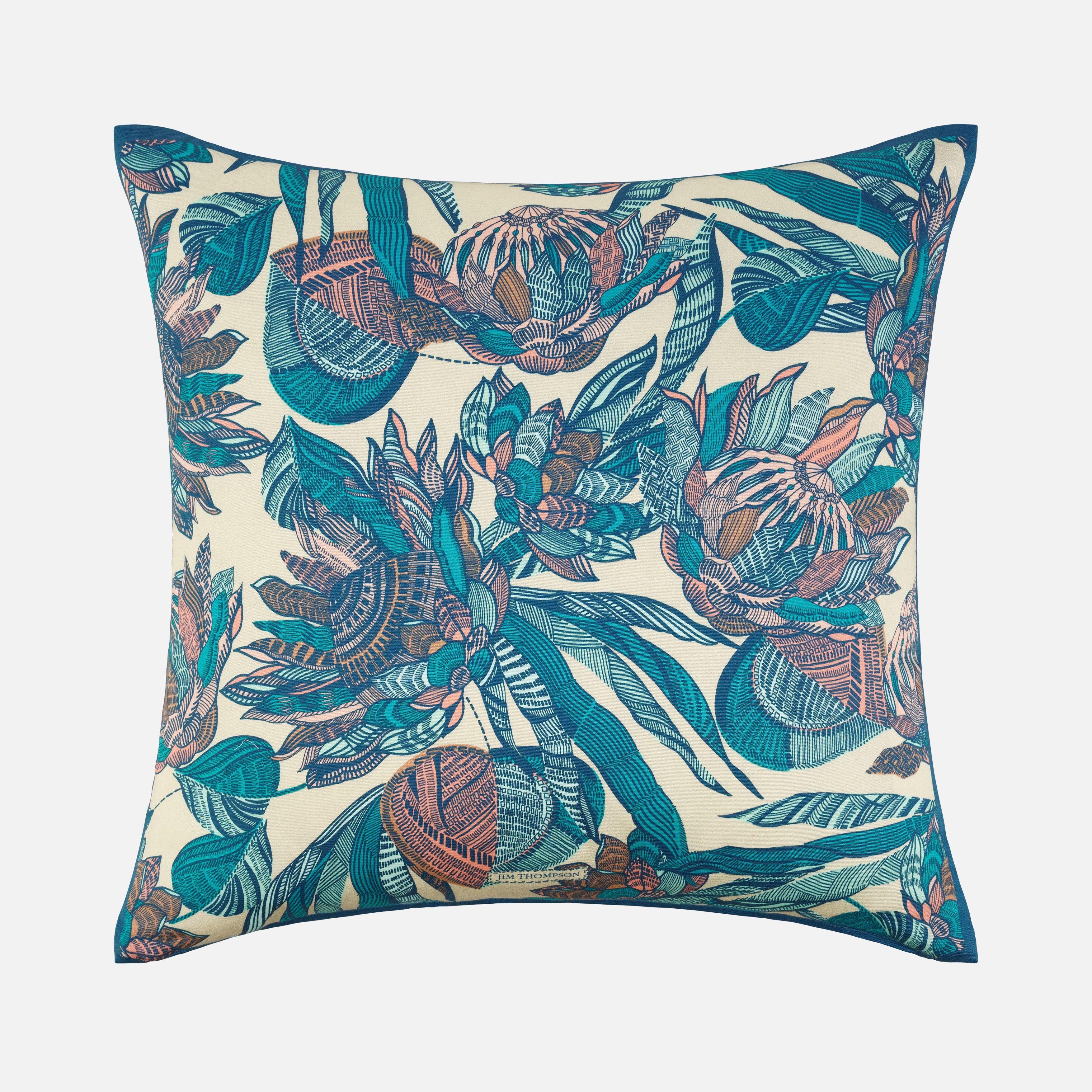 Bamboo Flower Cotton Printed Cushion Cover 18" - Turquoise