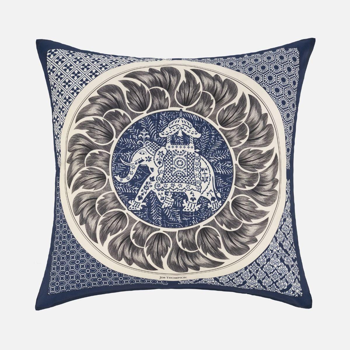 Elephant Medaillon Silk Cushion Cover 18" - Navy Blue