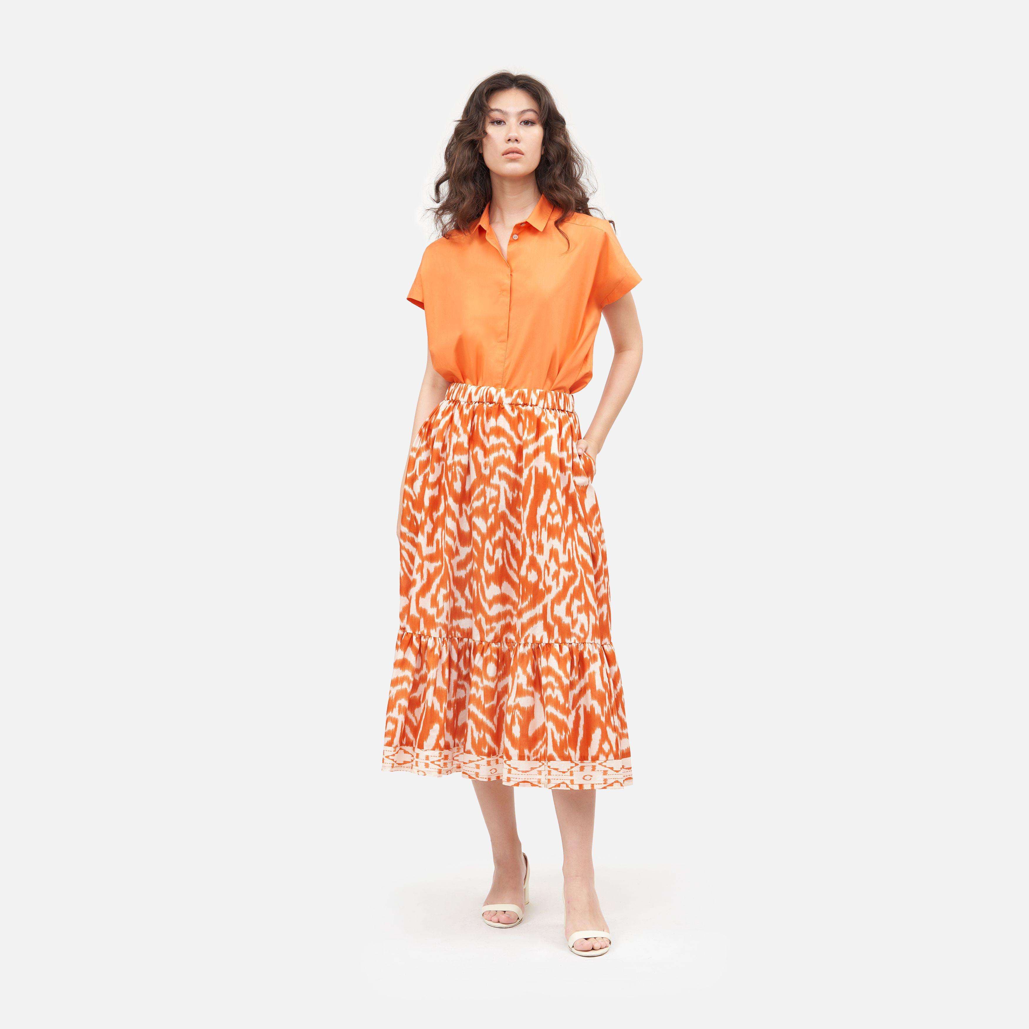 Ikat Cotton Voile Gathered Skirt - Orange/White