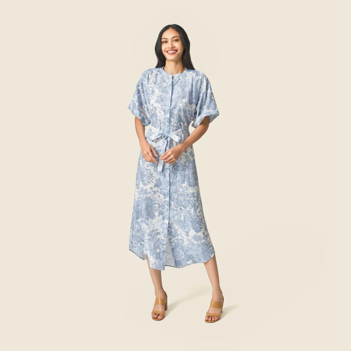 Blooming Linen Batwing Sleeve Shirt Dress - Blue / Grey