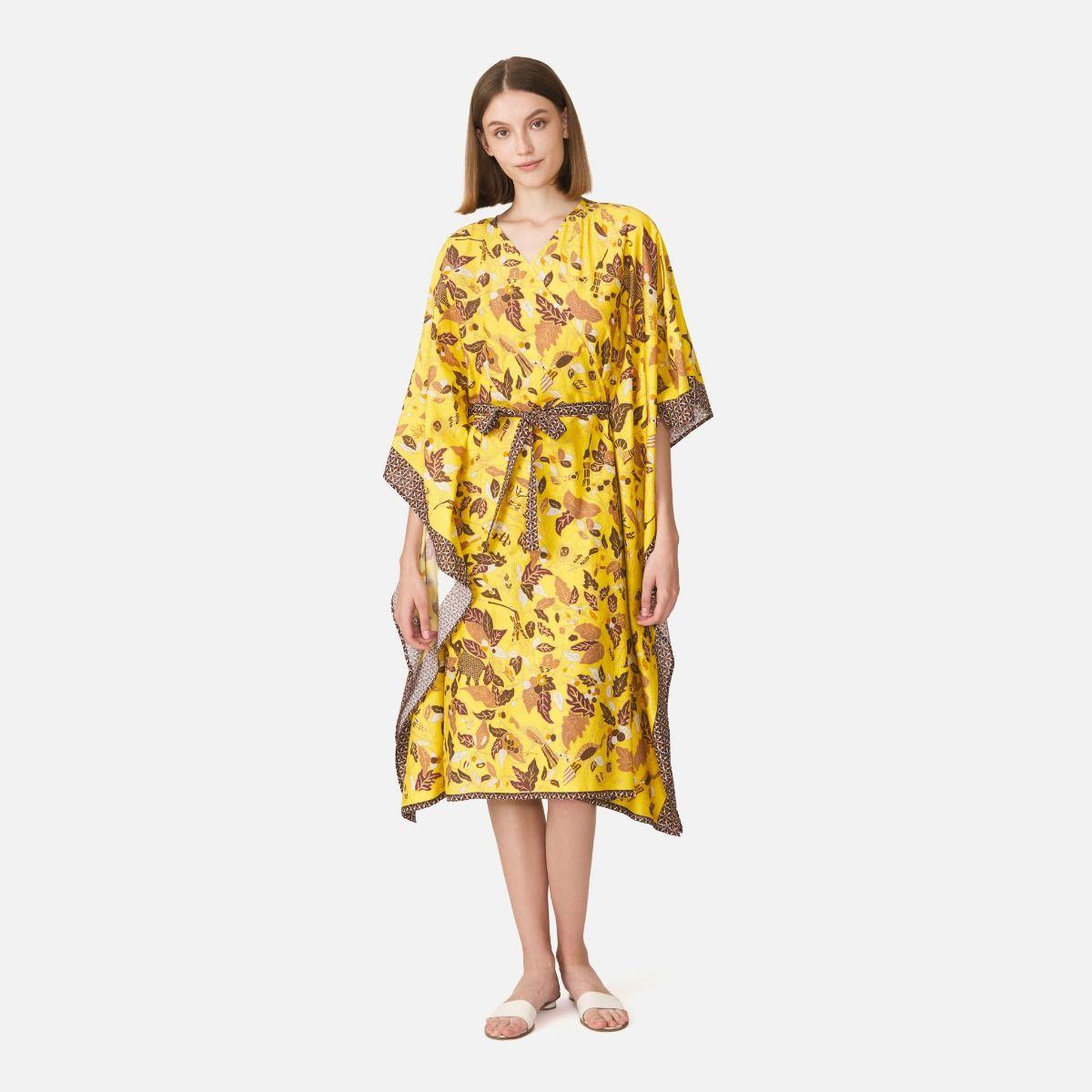 Batik Cotton Long Wrap Kaftan Dress - Yellow