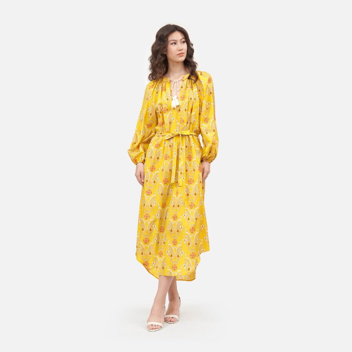 Ikat Paisley Cotton Boho Long Sleeve Cover Up Maxi Dress - Yellow