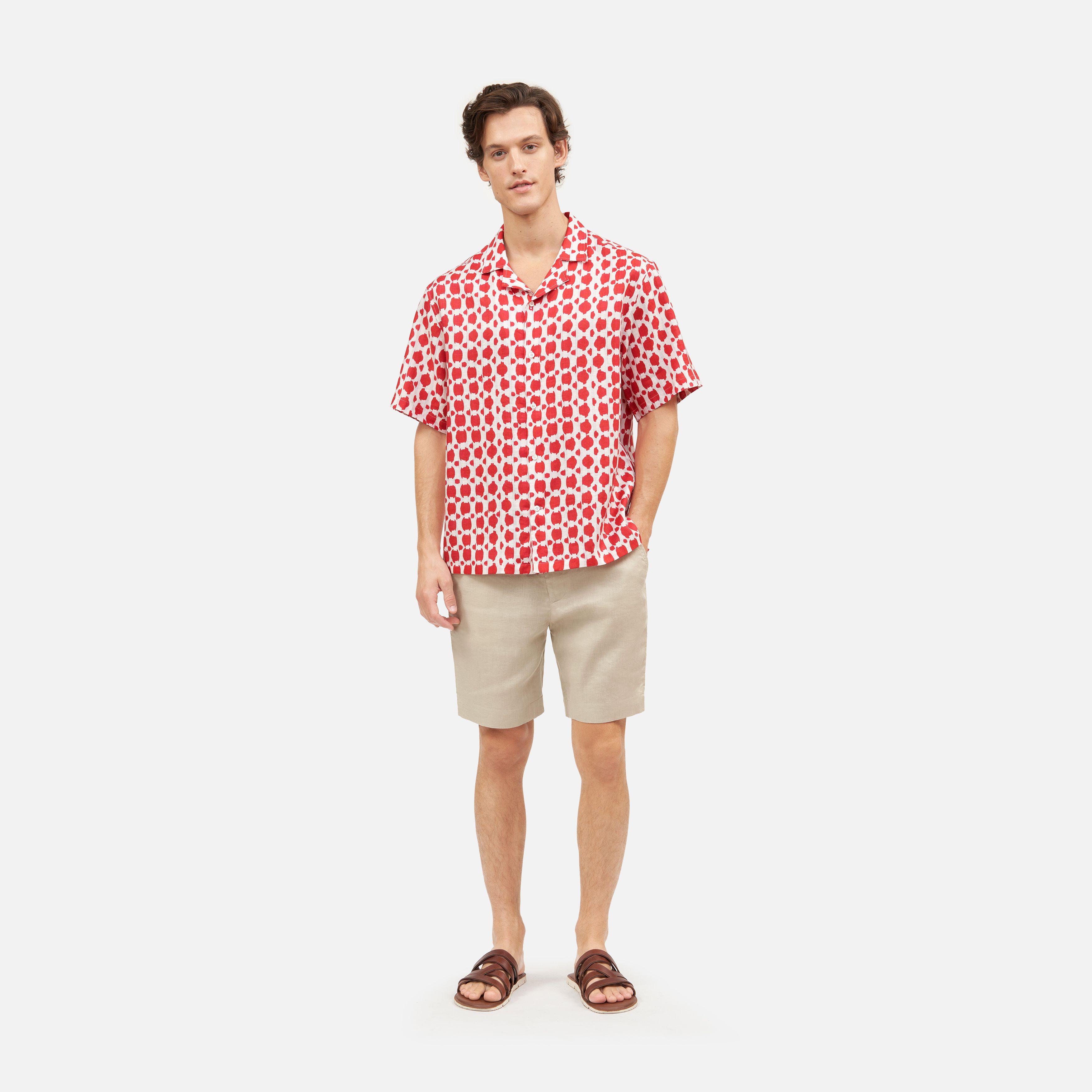 Ikat Polka Dot Linen Hawaiian Shirt - ikat dot - red