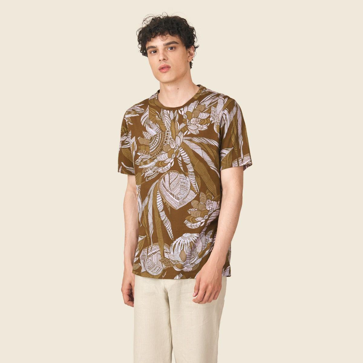 Bamboo Flowers Cotton T-Shirt - Brown