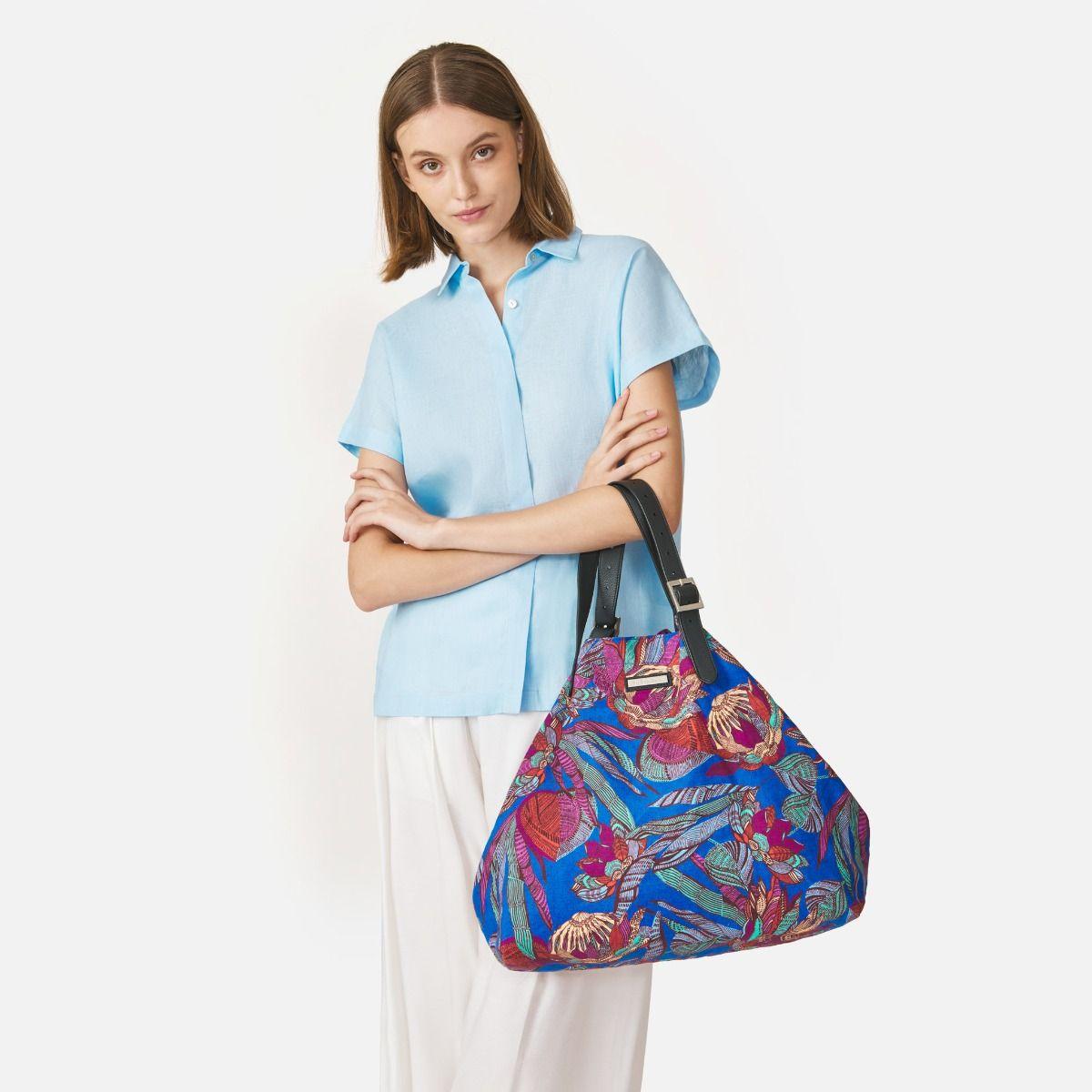 Bamboo Flowers Linen Weekend Tote - Blue