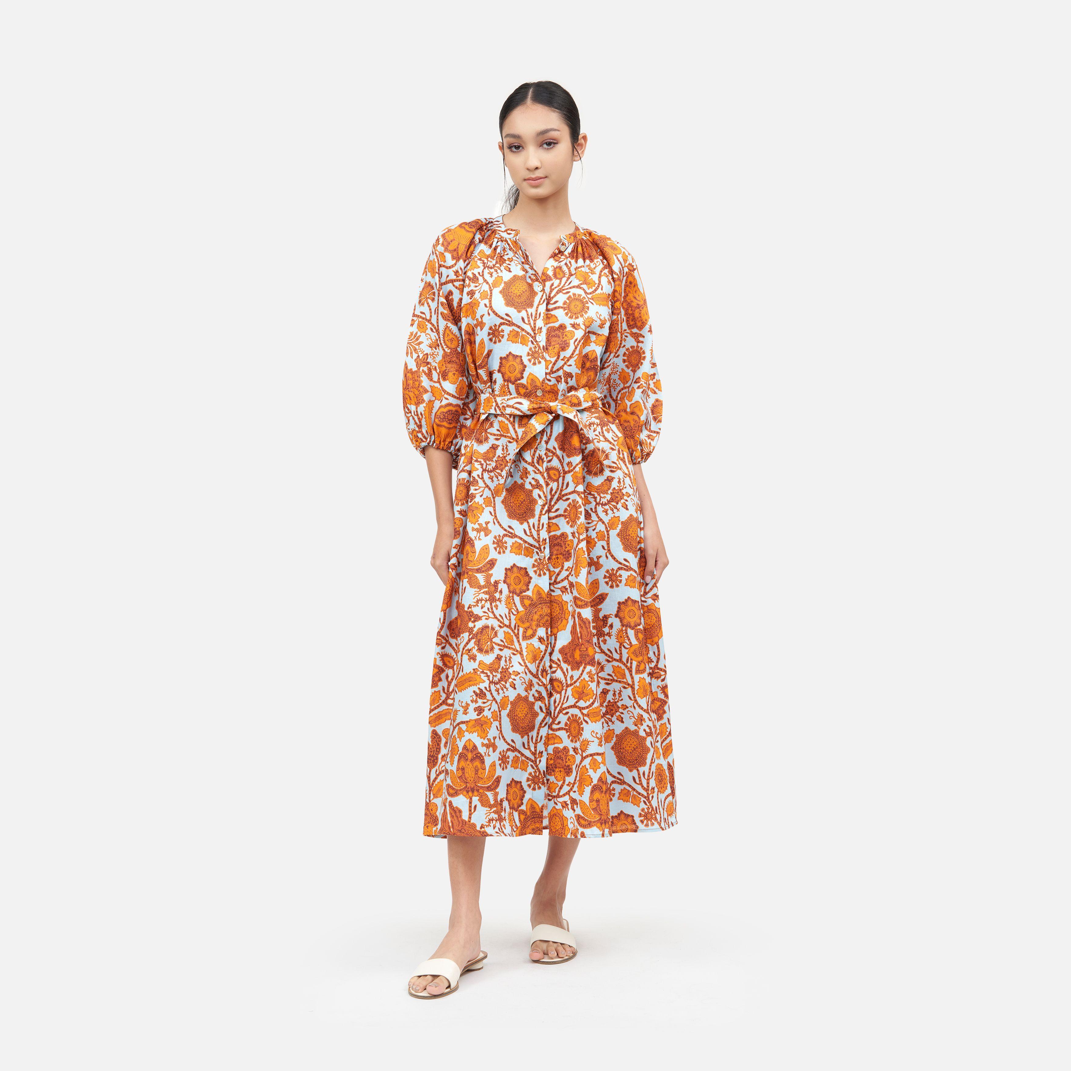 Sarung Lasem Linen Gathered Neck Maxi Dress - Blue/Orange