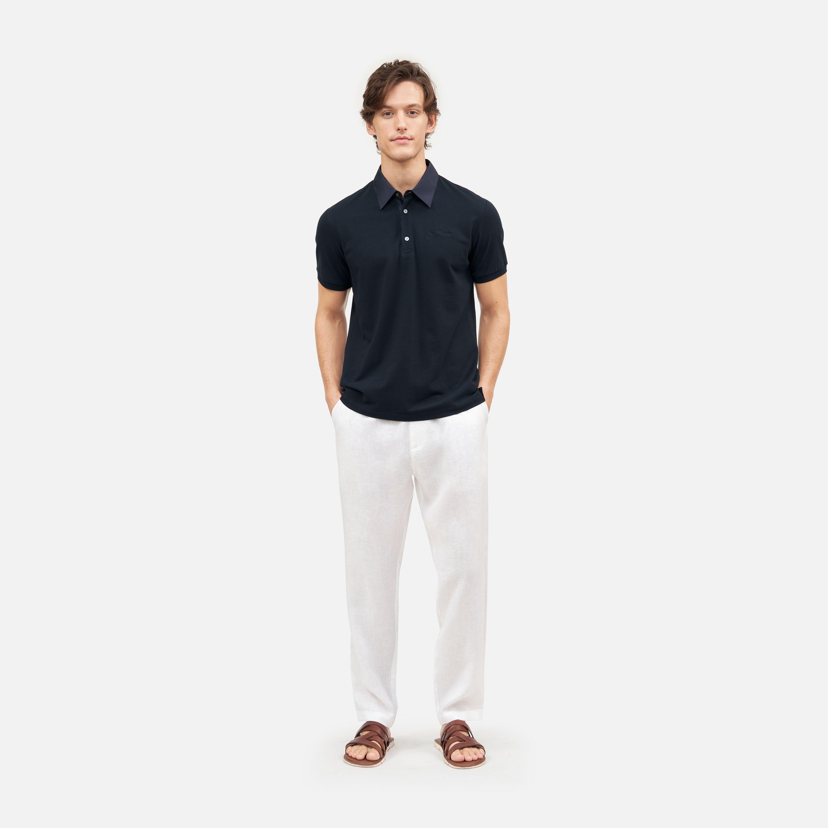 Solid Cotton Silk Collar Short Sleeve Polo Shirt Navy