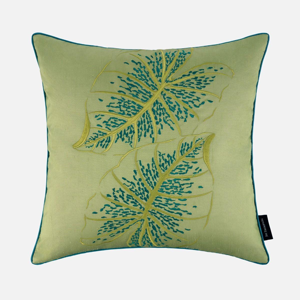 Caladium Embroidered Silk Cushion Cover 18" - Piping Green