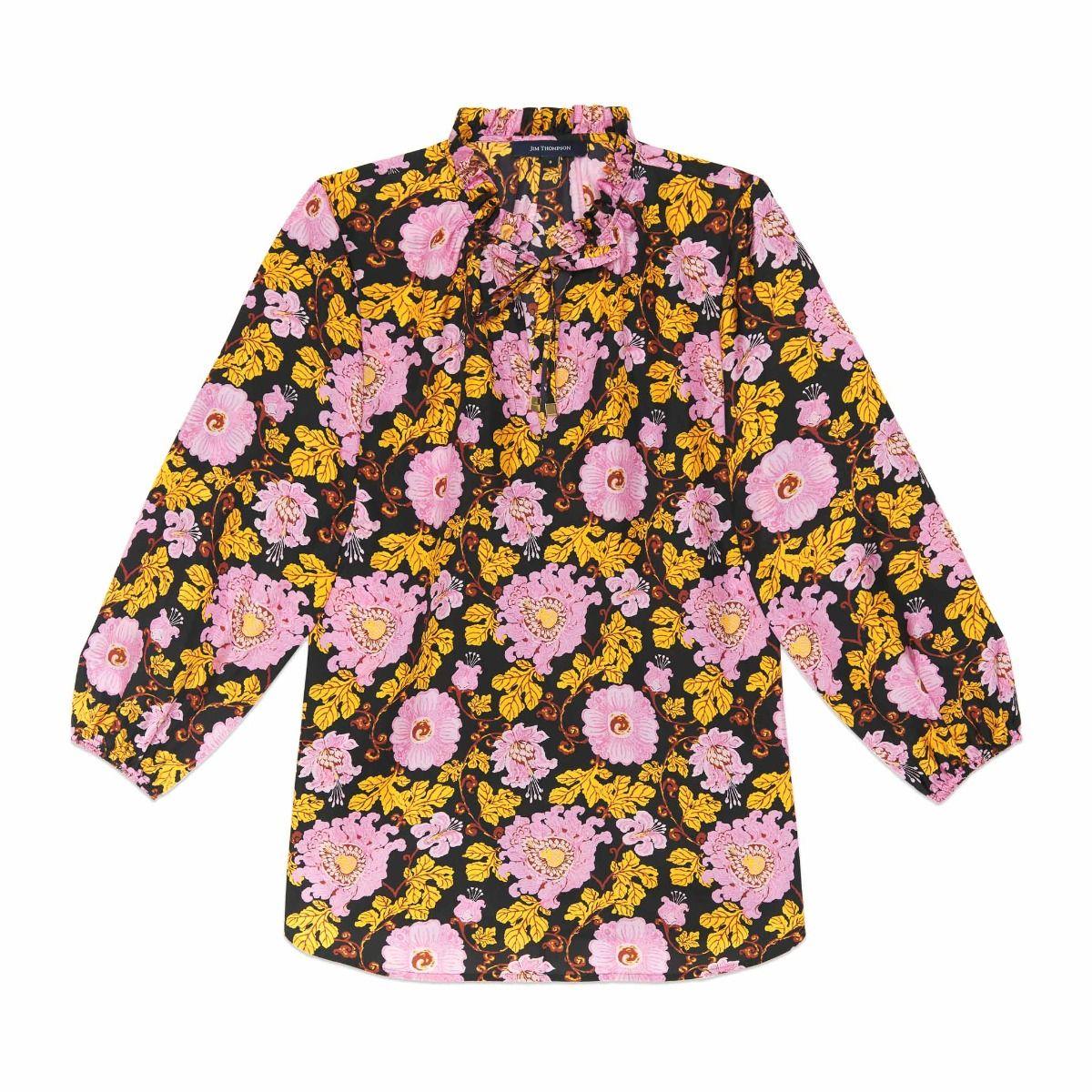 Pomergranate Flowers Silk Ruffled Boxy Shirt - Pink
