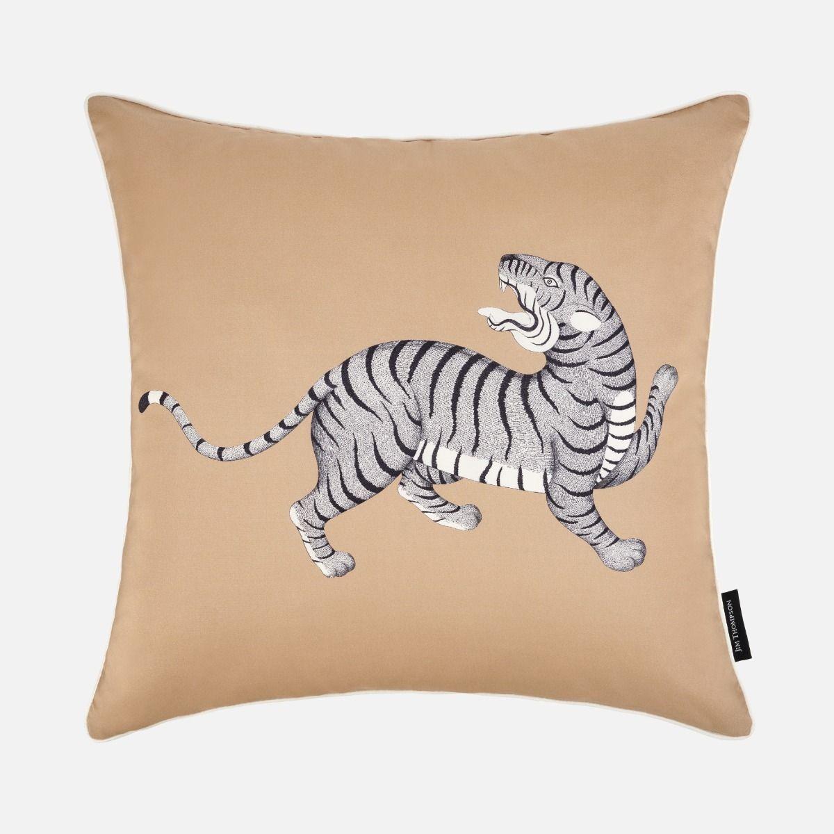 Mystical Tiger Silk Cushion Cover 18" - Beige