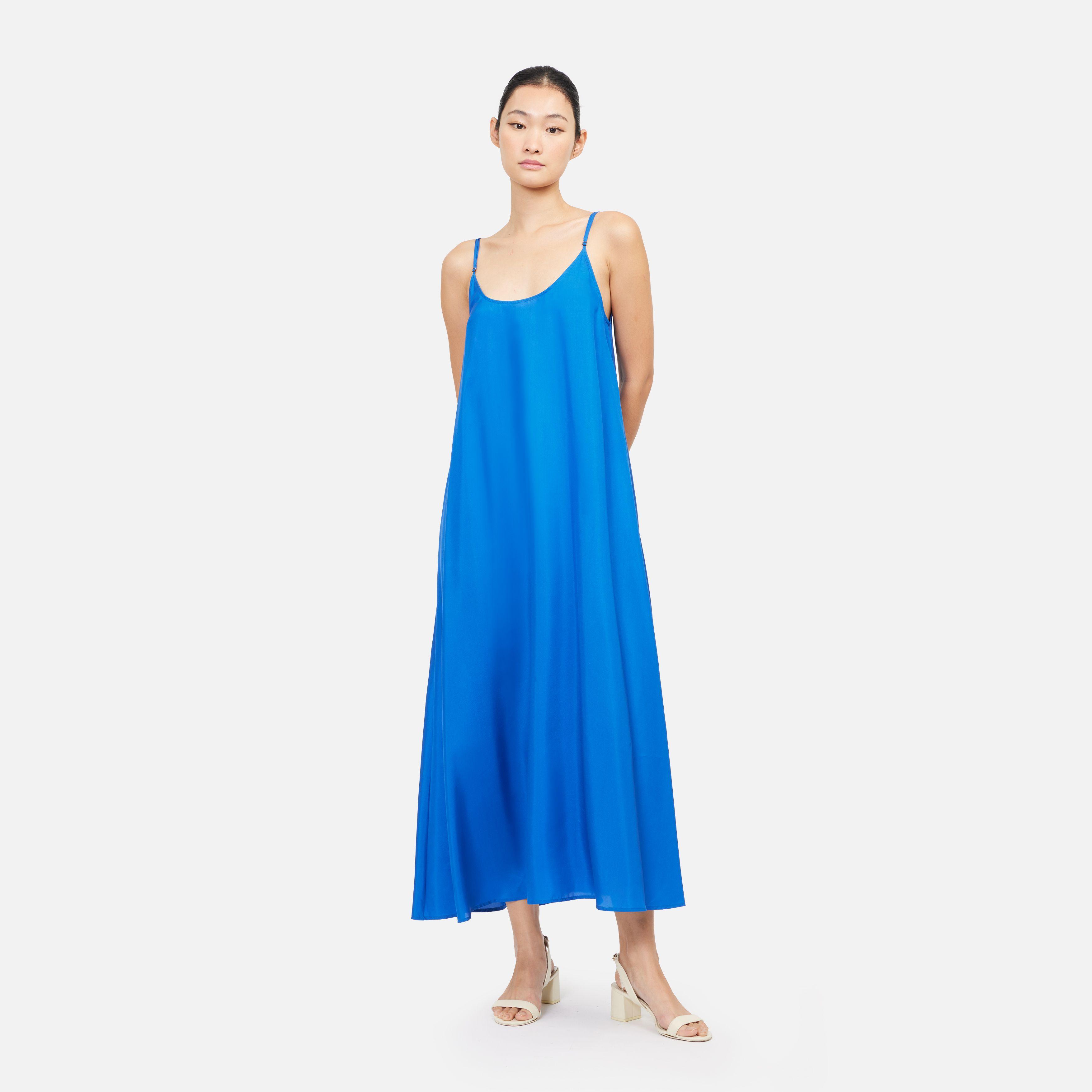 Solid Silk Habotai Spaghetti Strap Maxi Dress - Blue