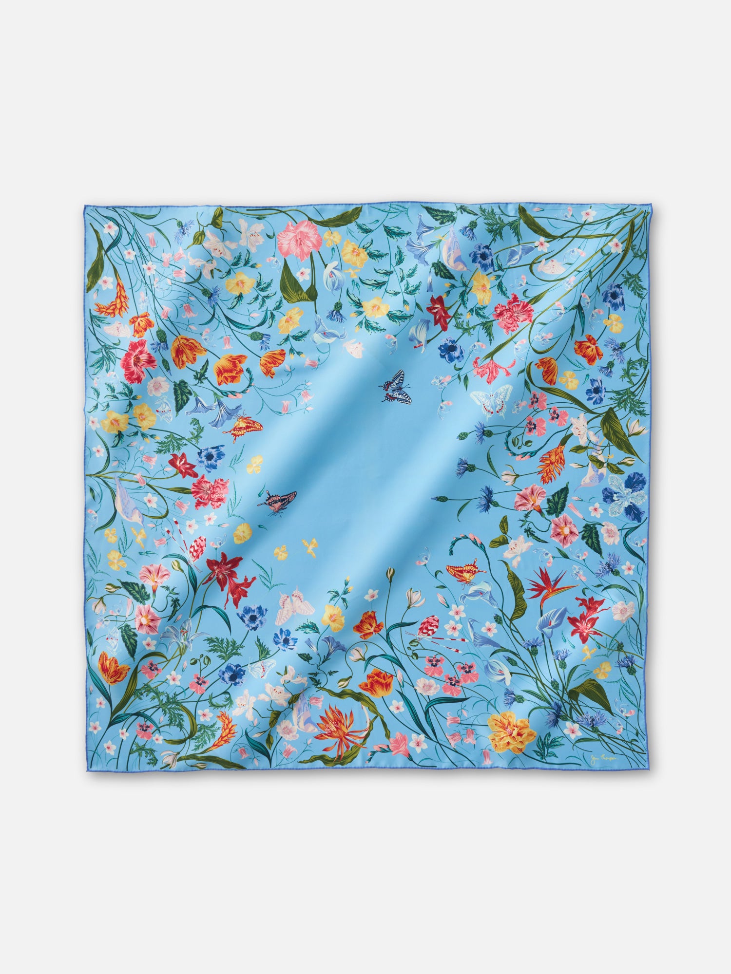 Flower Garden Silk Twill Printed Scarf in Blue 47” | Jim Thompson