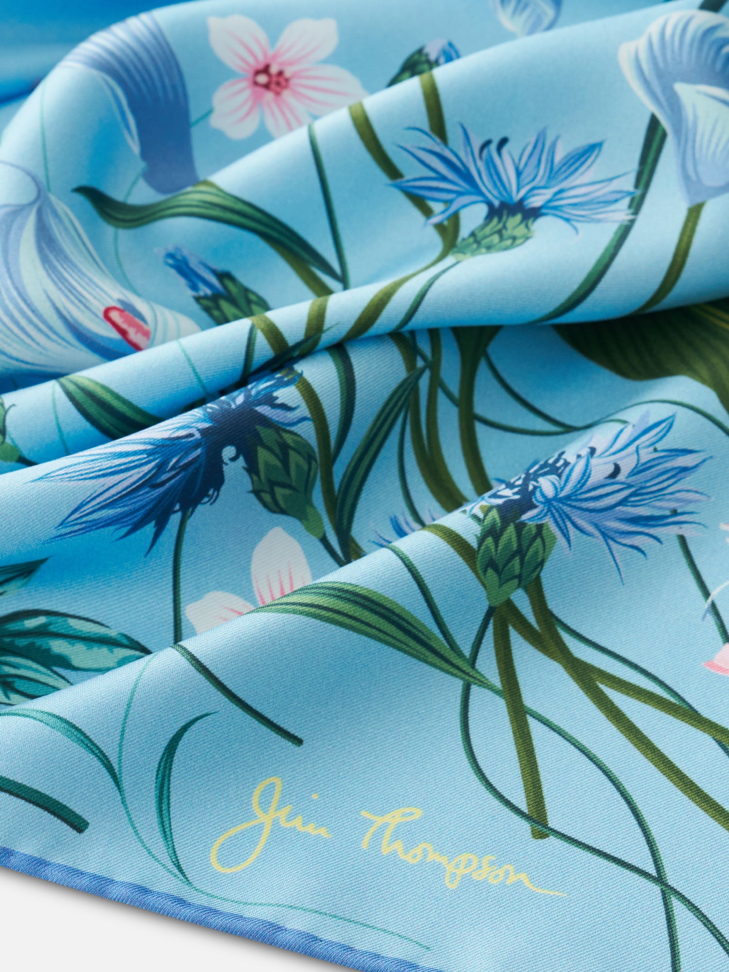 Flower Garden Silk Twill Printed Scarf in Blue 47” | Jim Thompson